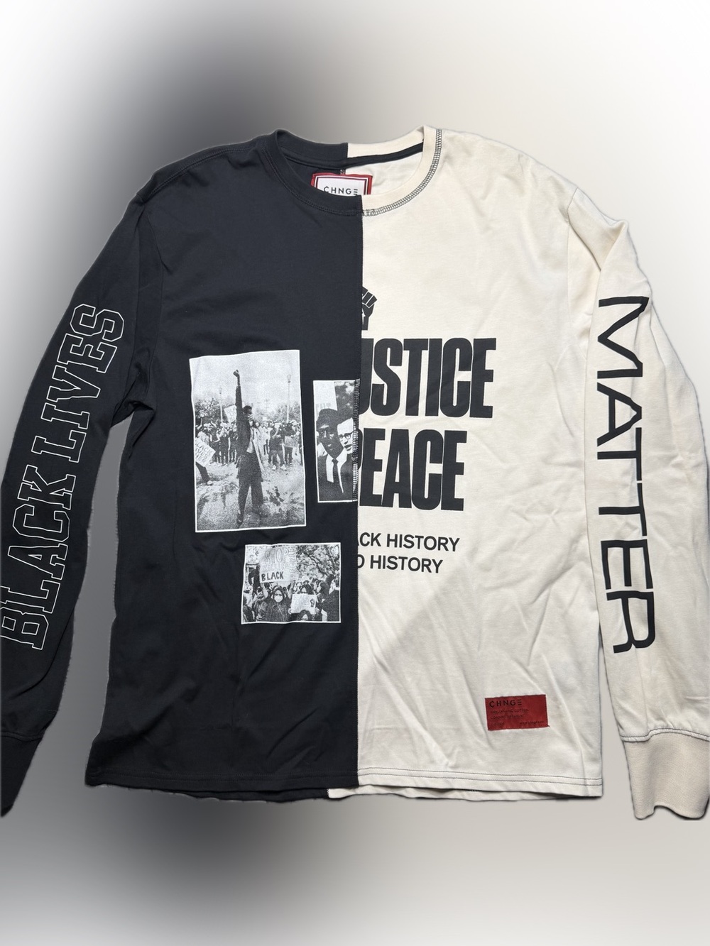 CHNGE Two-Tone Black & Cream Justice Peace Graphic Long Sleeve Tee